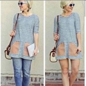 Textured knit stripped dress with leather pockets
